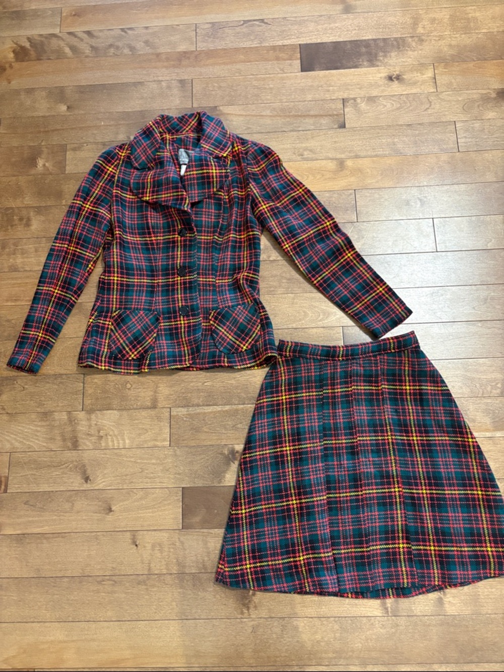Vintage Tartan Wool Jacket & Skirt Set - Red, Green & Yellow